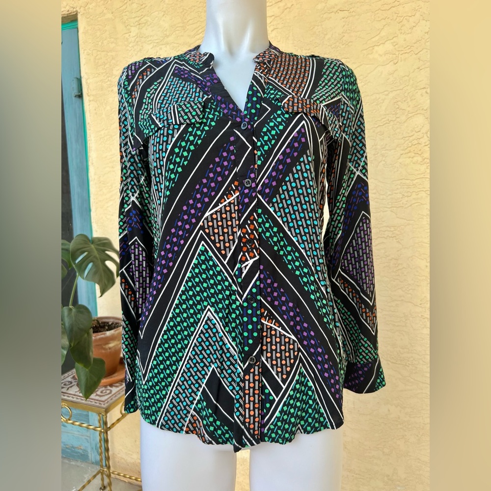 Calvin Klein Geometric Blouse, Women’s Small - Black/Green/Blue - Office Casual